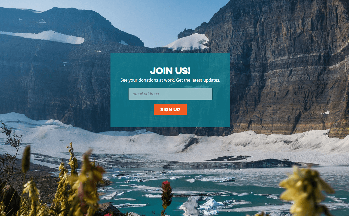 A call to action on the Glacier donation page for donors to register for the organization's email newsletter is overlaid with a photo from the national park during winter.