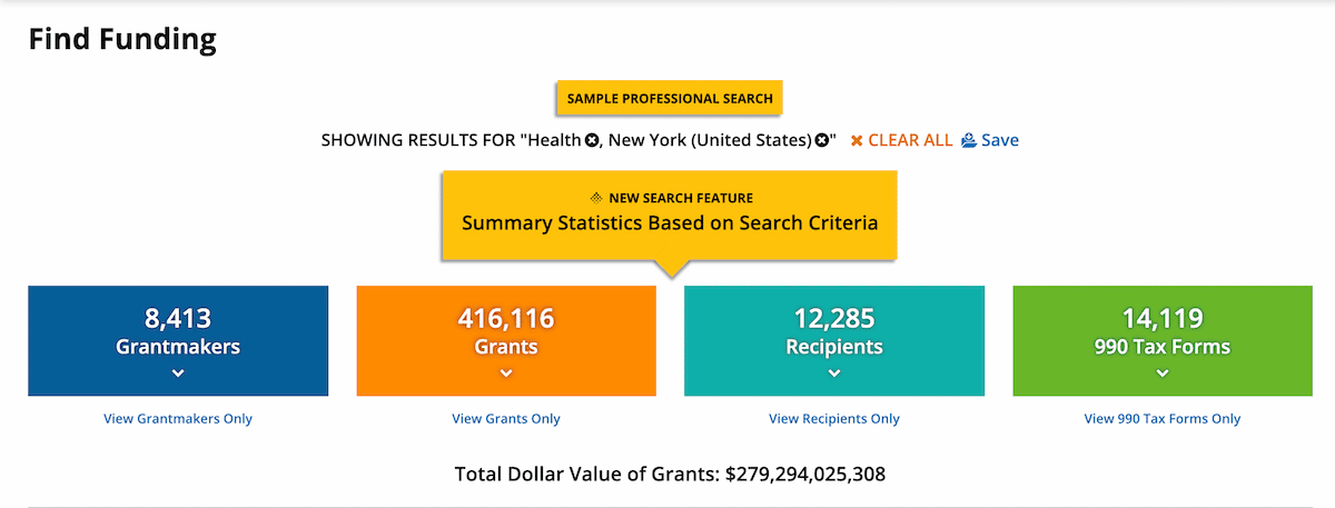 Screenshot of the Candid private foundation funding search tool