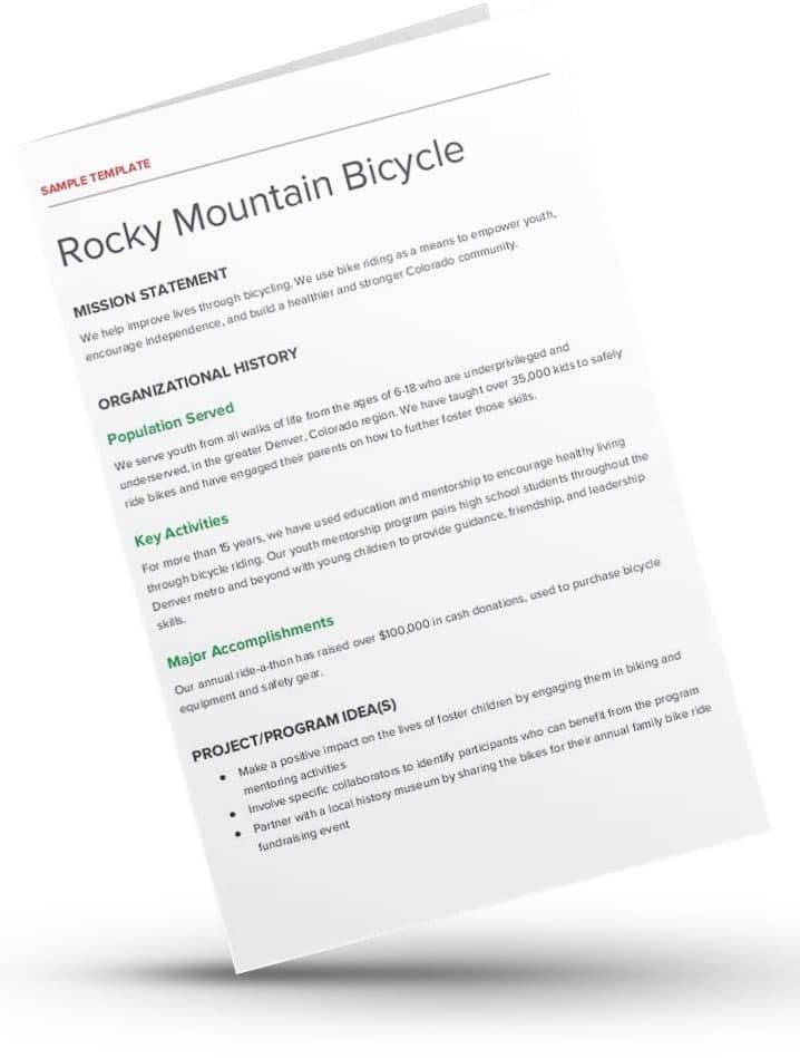 Sample nonprofit organizational information document showing mission, history, project ideas, and program ideas