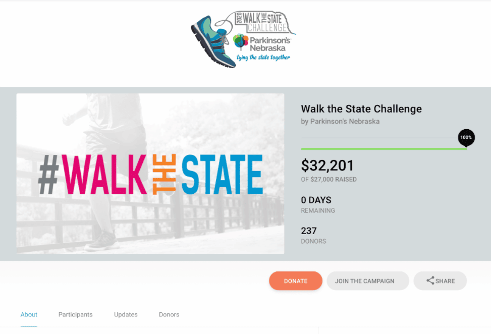 Example of a nonprofit virtual walkathon fundraising event page