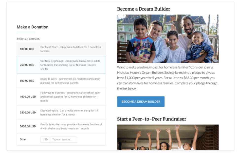 Example of a donation page embedded on a nonprofit website to help boost donations