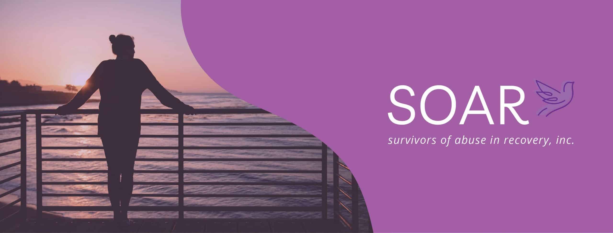 Silhouette of a person leaning on railing at sunset over water, next to SOAR survivors of abuse logo.