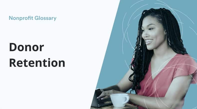 Smiling woman typing on laptop with text 'Nonprofit Glossary Donor Retention' on left side.