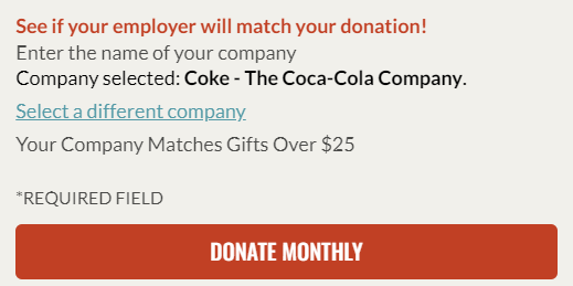 This image shows the Save the Children donation page and its monthly gift database tool. Information about The Coca-Cola Company’s matching gift program is shown (the company matches donations over $25). 