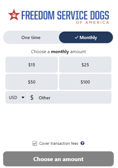 This image shows the Freedom Service Dogs donation page with the monthly giving option checked. 