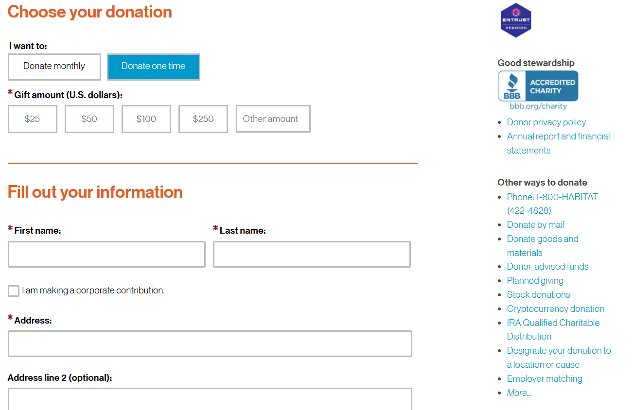 The Habitat for Humanity donation form showing multiple ways to give, as well as options for one-time and monthly gifts 