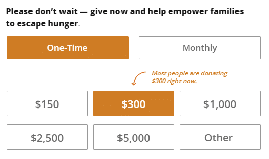 This image shows the CARE online donation form, with the $300 donation suggestion highlighted and a message that says “most people are donating $300 right now.” 