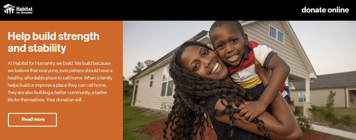 This image shows the Habitat for Humanity donation form. It shows a compelling image of a woman holding a young boy. Both are smiling and looking into the camera. 