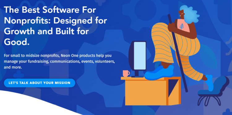 This screenshot shows the homepage for Neon CRM, a donor management platform for nonprofits.
