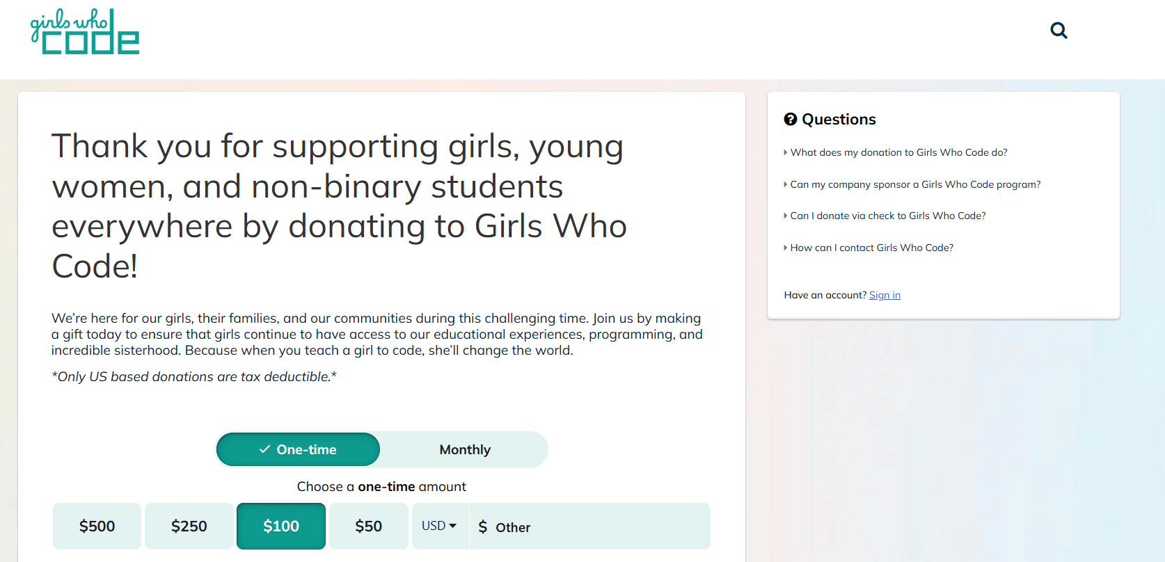 The Girls Who Code donation page, featuring a simple gratitude message, frequently asked questions, and options for one-time or monthly gifts. 
