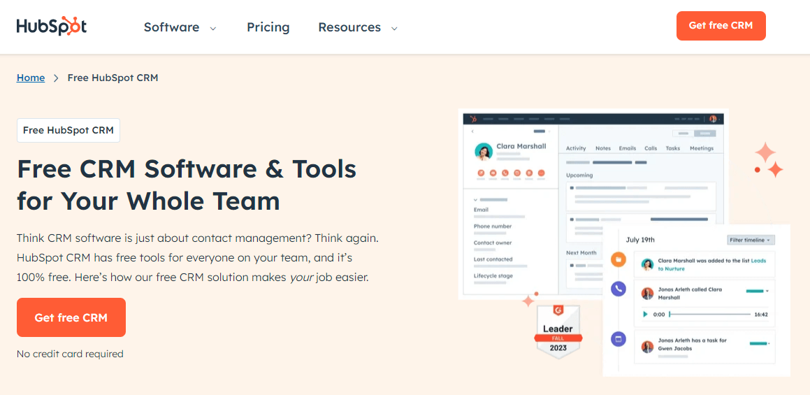Homepage for HubSpot, a free nonprofit CRM