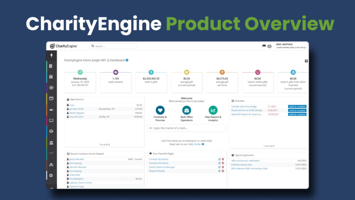 This image shows an overview of CharityEngine’s nonprofit CRM.