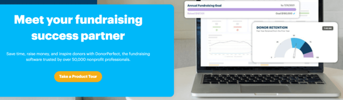 This is a screenshot of the DonorPerfect homepage. 