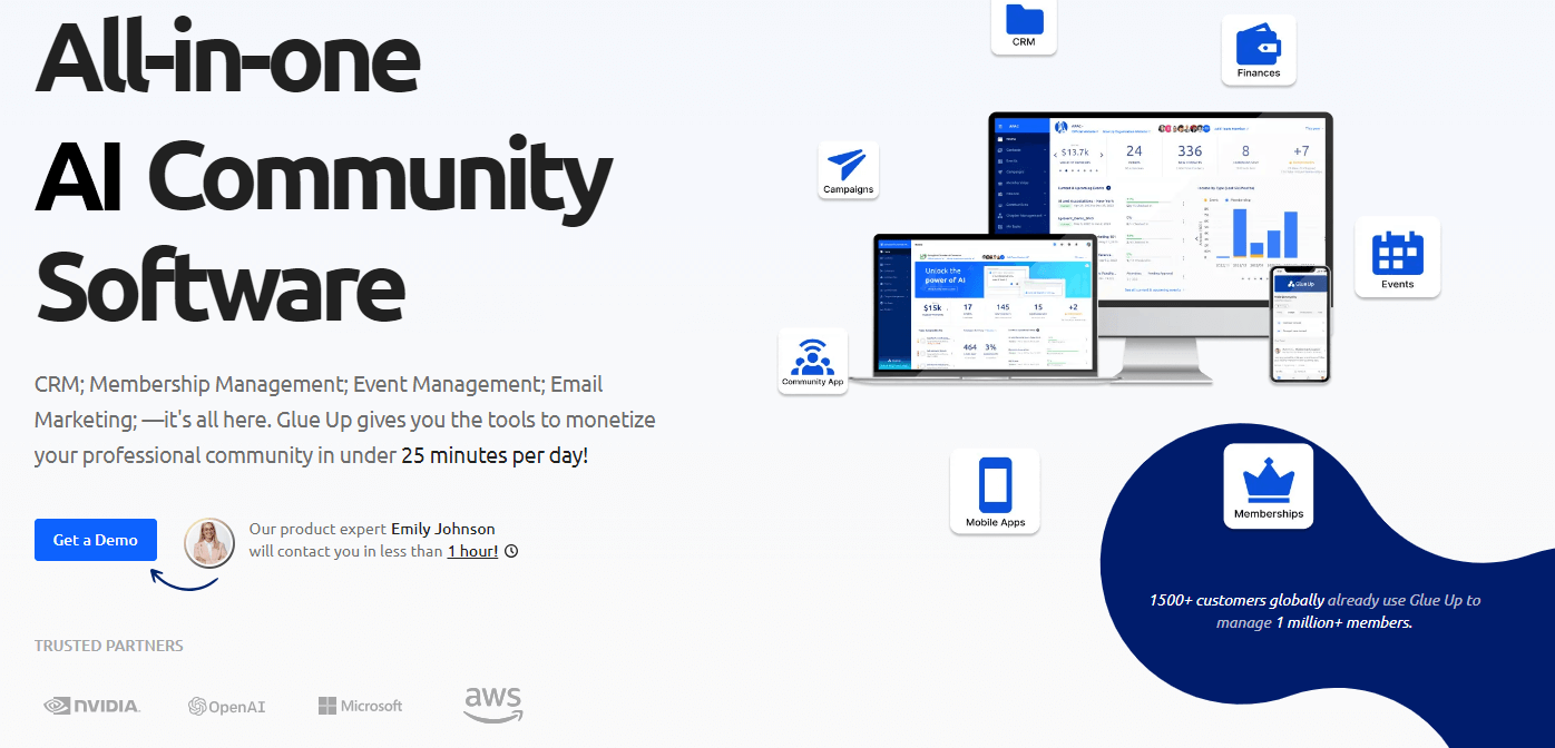 Homepage for GlueUp, a nonprofit CRM and membership management platform