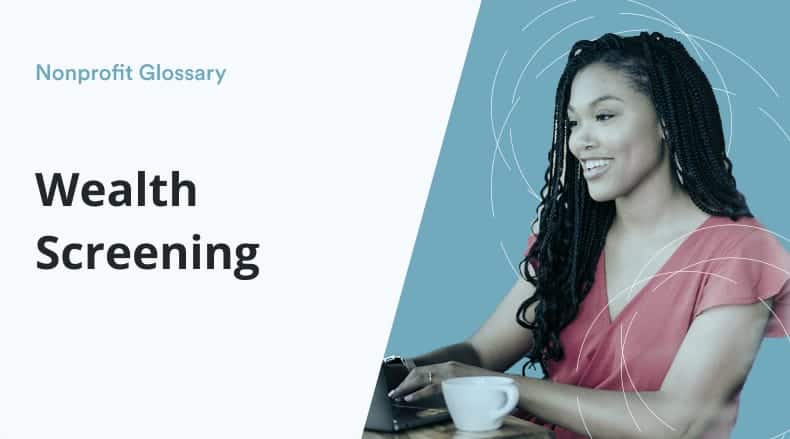 Smiling woman with braided hair working on a laptop beside a coffee cup with text 'Wealth Screening'.