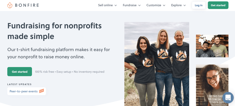 This screenshot shows the homepage for Bonfire, a t-shirt fundraising software platform.