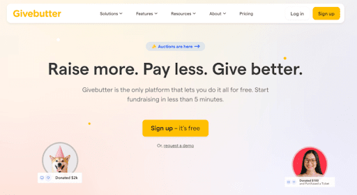 This screenshot shows the homepage for Givebutter, one of the top fundraising software solutions available.