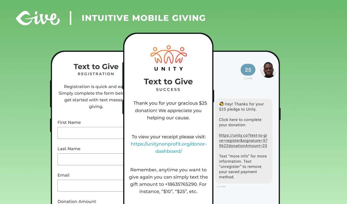 Three phones showing different phases of GiveWP’s text-to-donate process