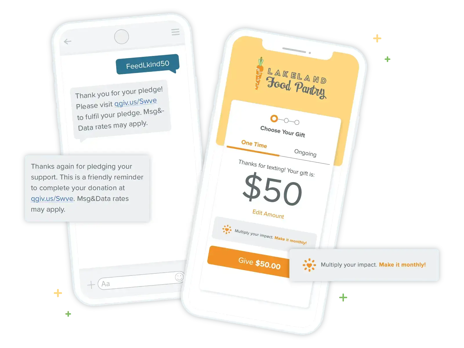 Two phones showing Qgiv’s text-to-donate interface