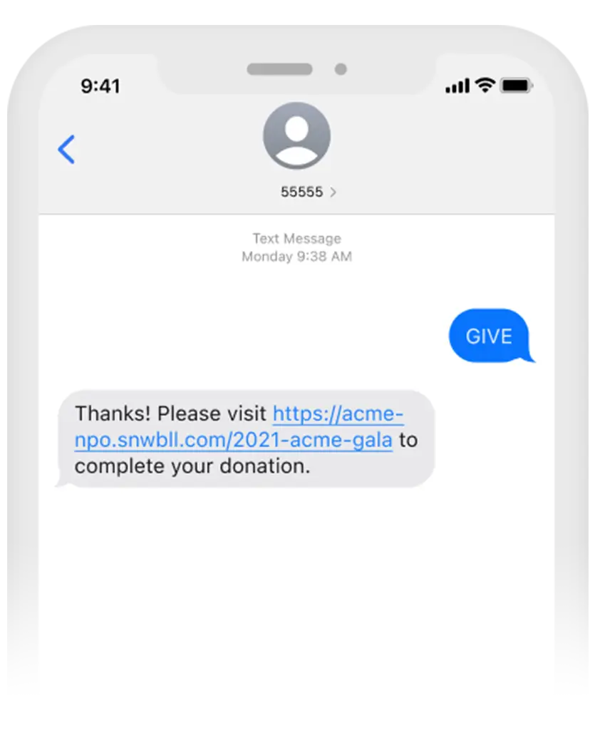 Phone showing Snowball Fundraising’s text-to-donate interface