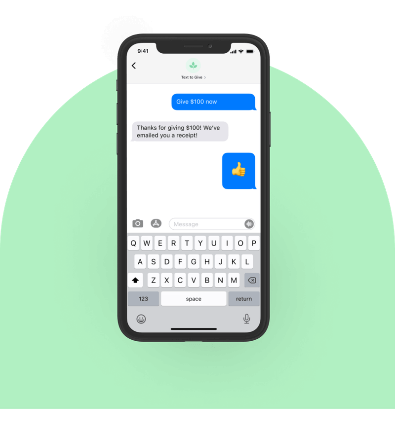 Phone showing Tithe.ly’s text-to-donate interface