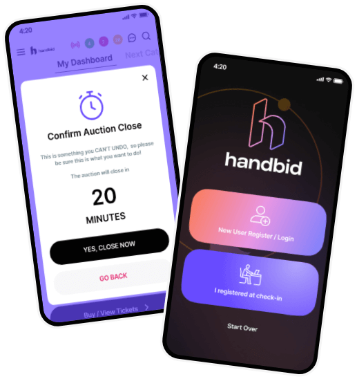 Two phones showing Handbid’s mobile app