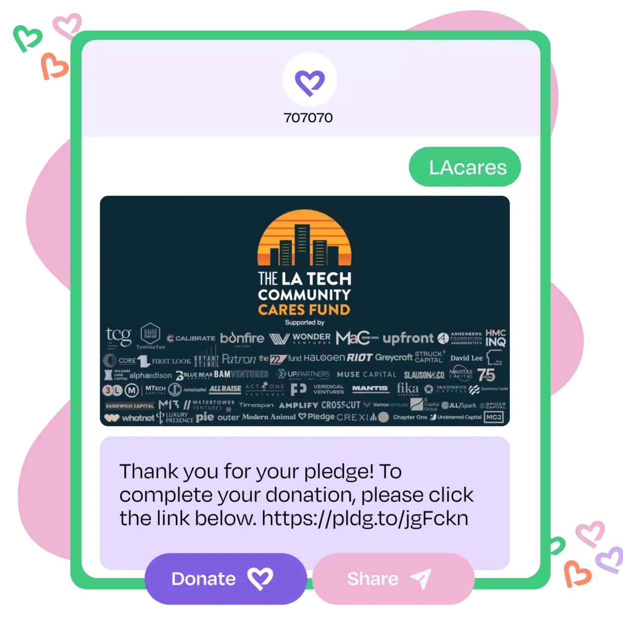 Mock-up of Pledge’s text-to-donate interface
