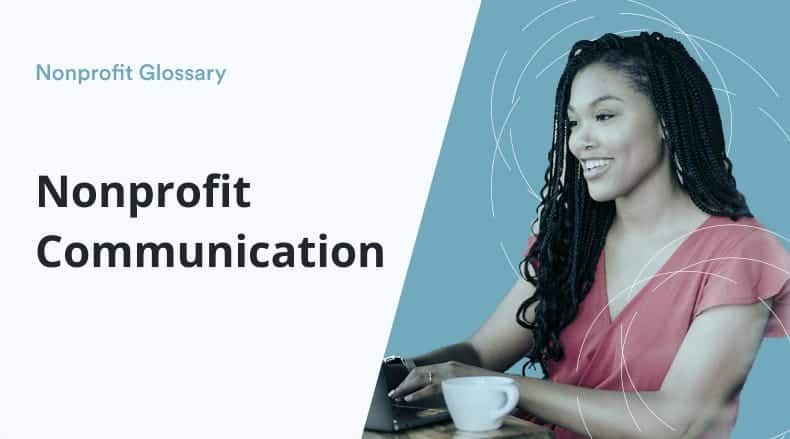 Smiling woman with braided hair working on laptop with coffee cup, text says Nonprofit Communication.