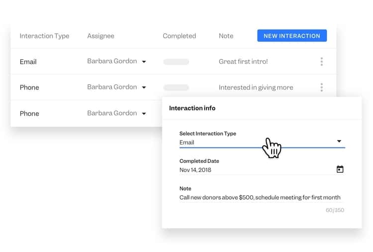 This image shows how you can log donor interactions using Funraise’s donor database.