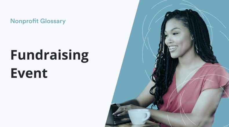 Smiling woman with braided hair working on a laptop with a coffee cup nearby and text 'Fundraising Event.'