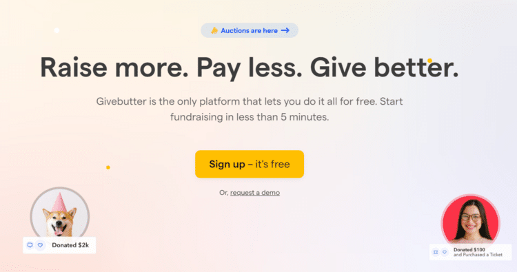 This screenshot shows the homepage for Givebutter, a fundraising and donor database solution. 