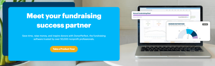 This is a screenshot of the homepage for DonorPerfect, a donor database platform.