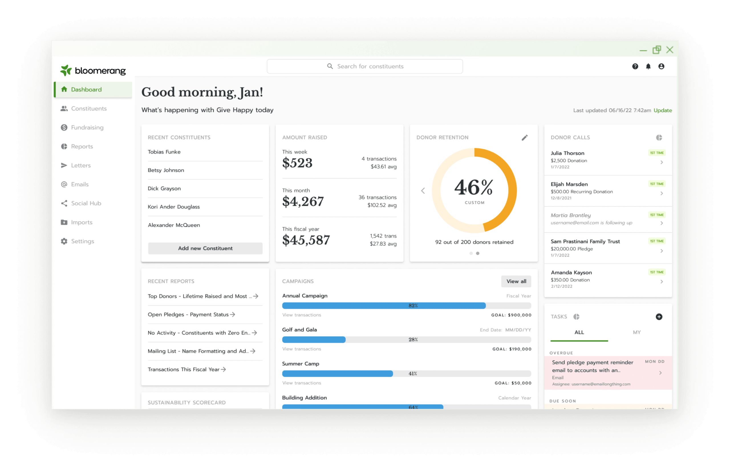 This image shows Bloomerang’s donor database dashboard.