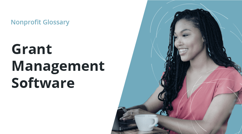 Smiling woman with braids typing on a laptop with a coffee cup nearby, titled Grant Management Software.