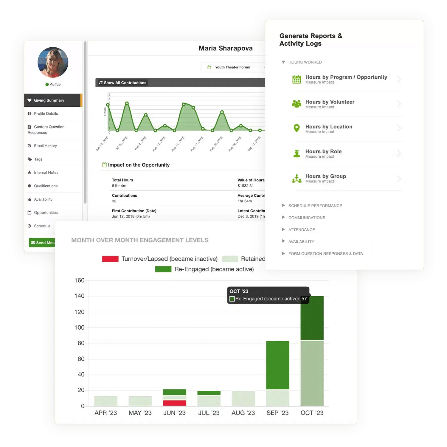 The user interface for Bloomerang Volunteer, a robust volunteer management software option