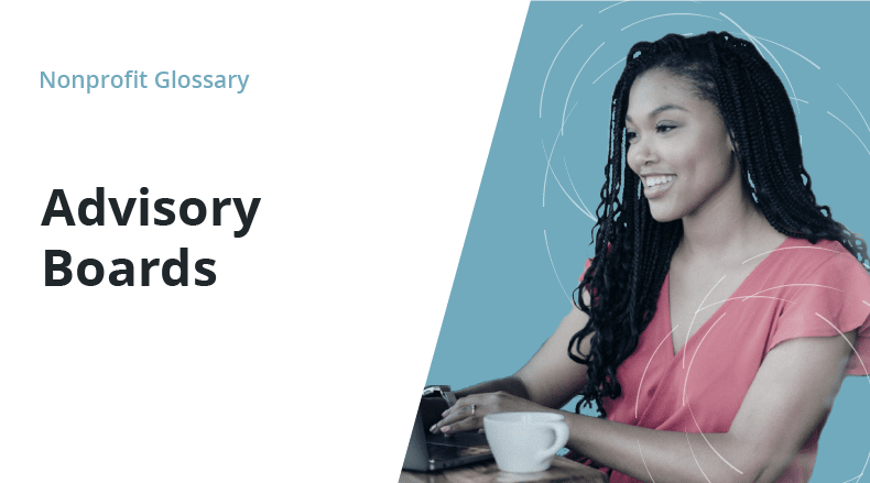 Smiling woman with braided hair using a laptop, next to text reading 'Advisory Boards' and 'Nonprofit Glossary'.