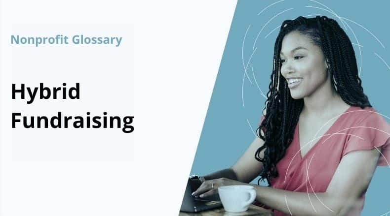 Smiling woman in a red top using a tablet with coffee cup, text says Nonprofit Glossary Hybrid Fundraising.