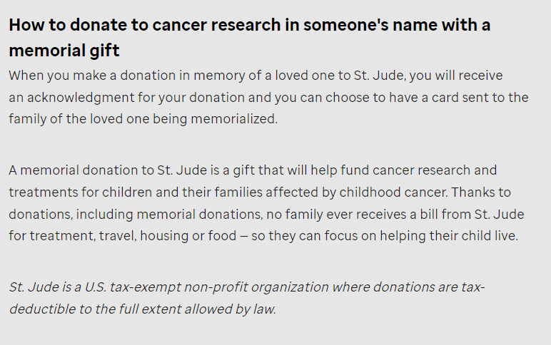 The St. Jude memorial donations information page spotlights how the organization uses donations.
