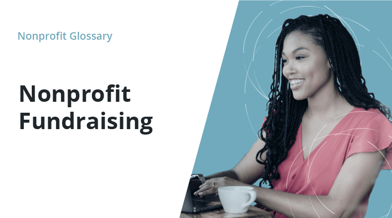 Smiling woman with braided hair working on a laptop with a coffee cup nearby, titled Nonprofit Fundraising.