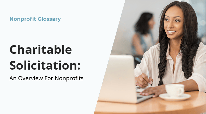 Smiling woman with braids writing by laptop at table with coffee cup, next to text about nonprofit glossary.