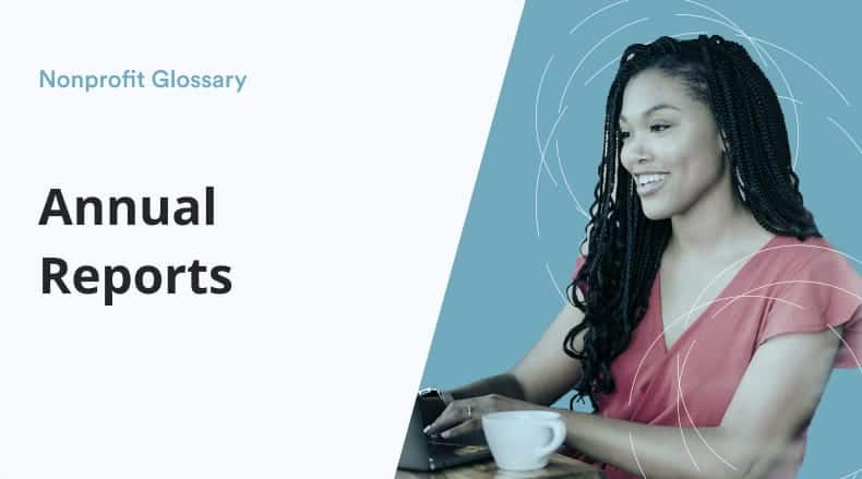 Smiling woman with braided hair using a tablet and a cup on a table, text says Annual Reports.
