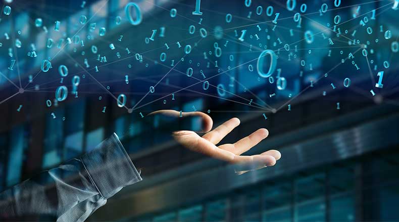 Hand reaching towards floating glowing binary numbers 0 and 1 with connecting lines against a blurred background.