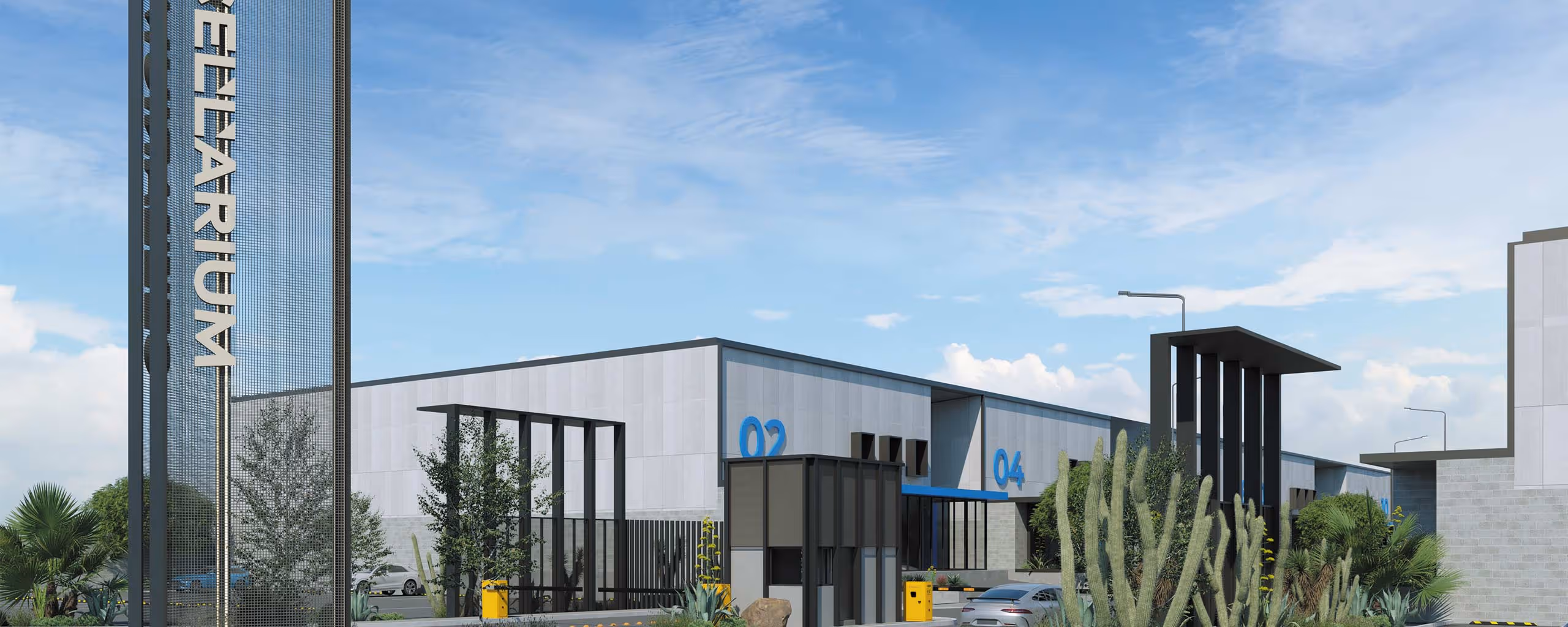 Edificios modernos de almacenes industriales etiquetados como 02 y 04, con paisajismo de cactus y palmeras bajo un cielo azul.