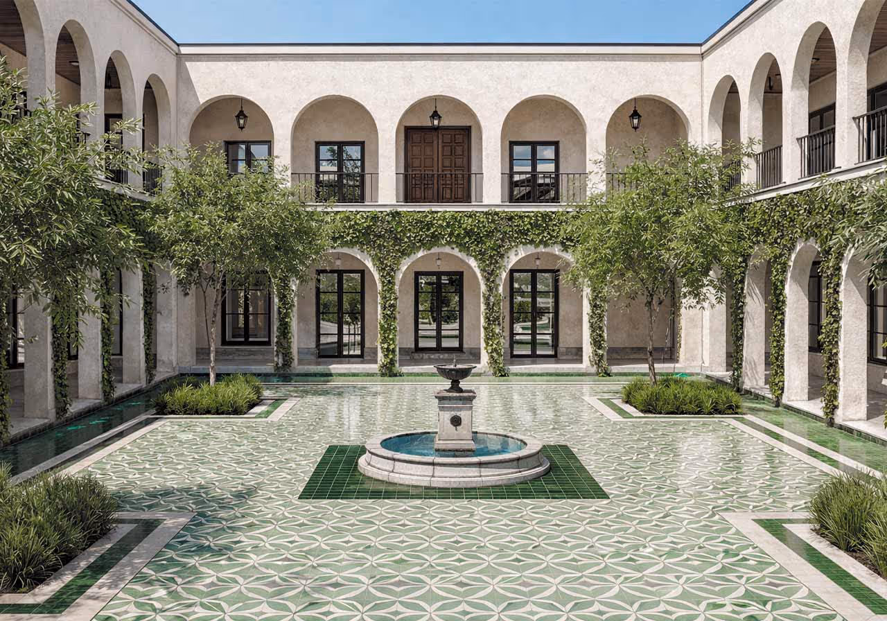 Patio interior con piso de azulejos verdes decorativos, fuente central, árboles pequeños y edificio con arcos y ventanas de estilo colonial.