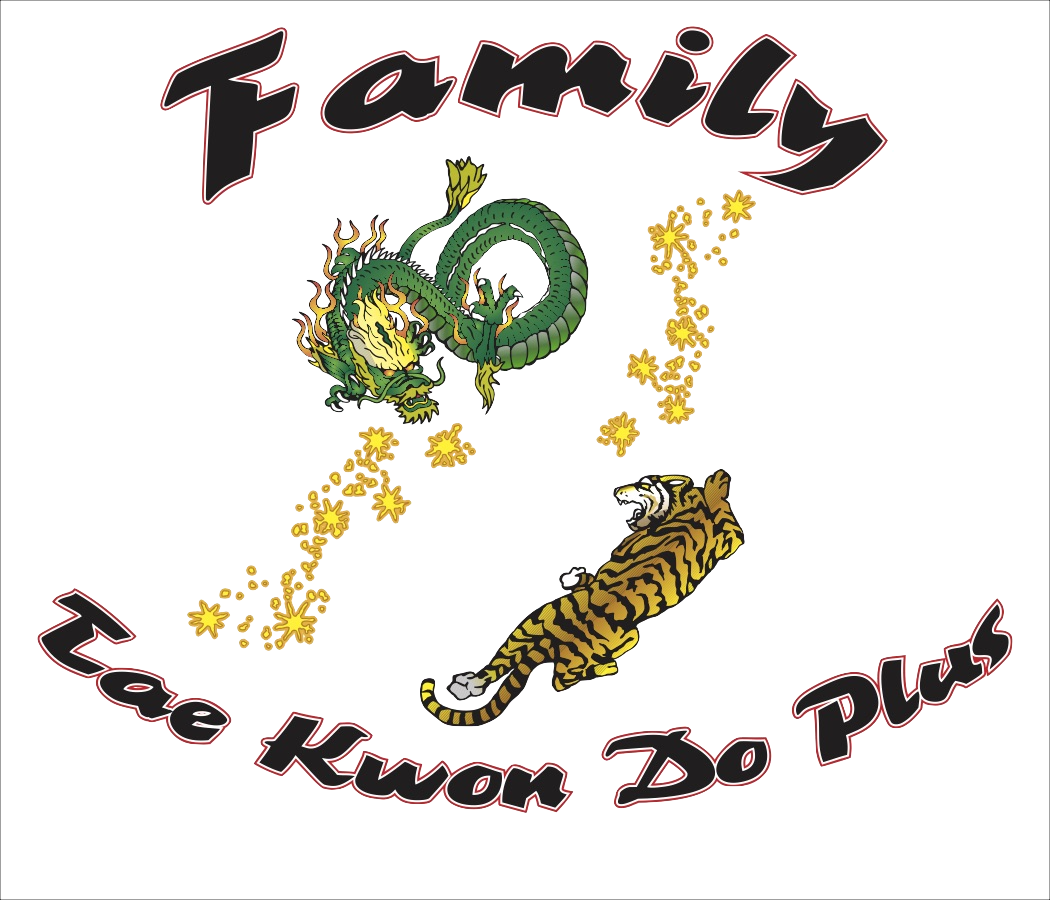 Logo with a green dragon and a tiger surrounded by yellow spark-like shapes, with the words 'Family Tae Kwon Do Plus' in stylized font.