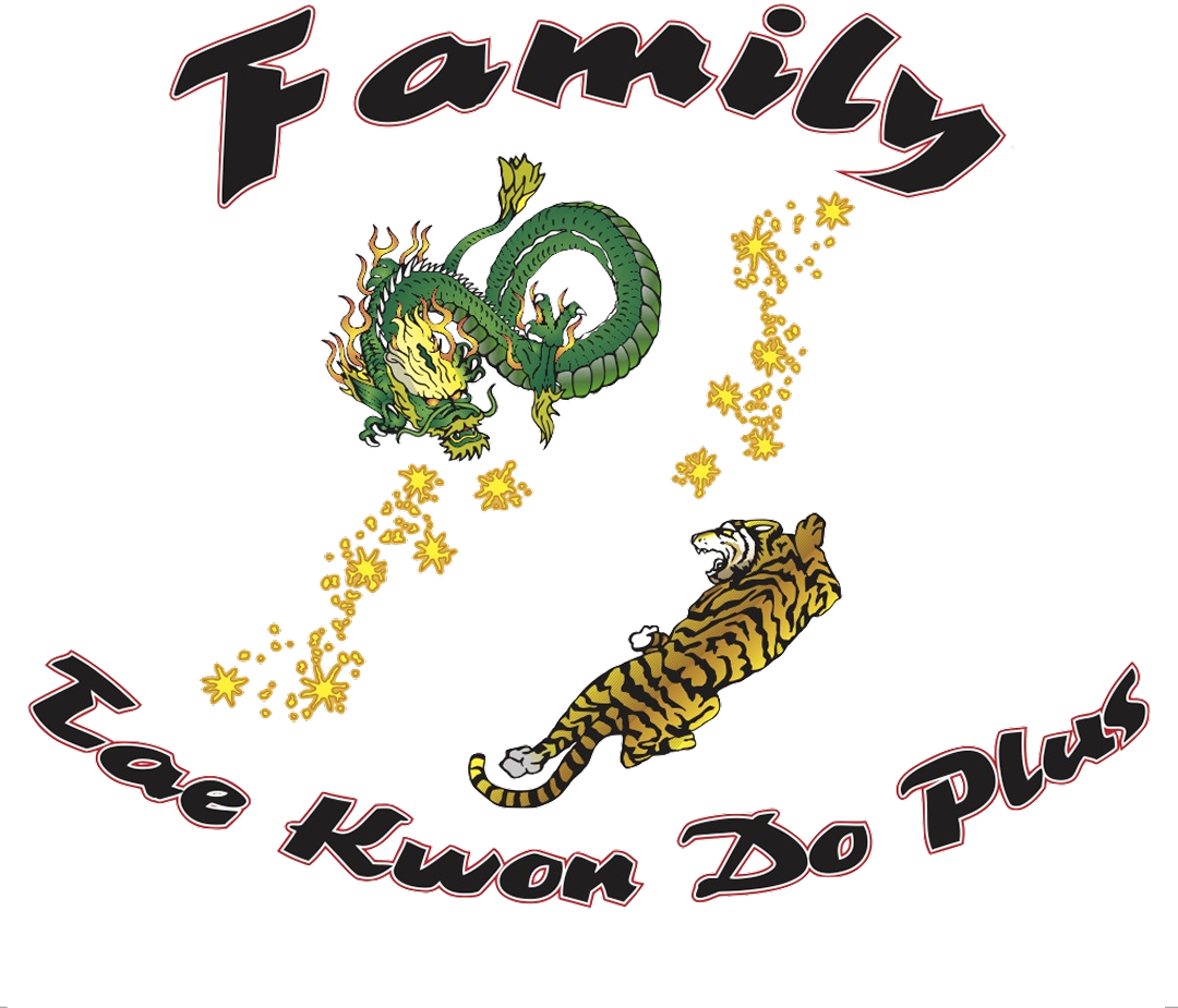 Logo featuring a green dragon and a tiger, with text 'Family Tae Kwon Do Plus' encircling the animals.
