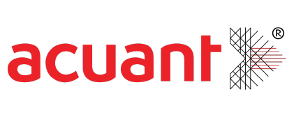 Acuant company logo with red text and a geometric black and red shape.