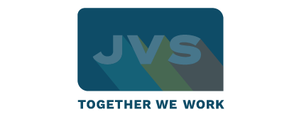 Logo with letters JVS in blue and green shadows, with the tagline 'Together We Work' below.