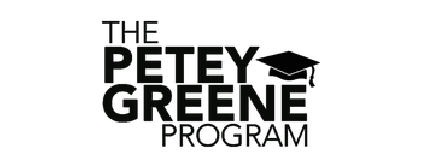 Logo for The Petey Greene Program featuring bold text and a graduation cap.