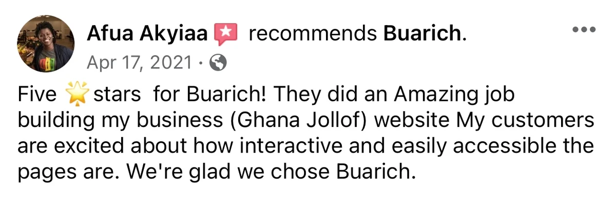 Five star client testimonial for Buarich web design